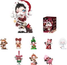 an assortment of figurines including santa claus and other christmas items are displayed on a white background