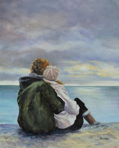 a painting of a man and woman sitting on the beach looking out at the ocean