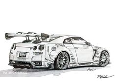 a drawing of a white sports car with the hood down and two racing flags on it's roof