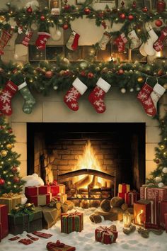 a fireplace decorated for christmas with stockings and gifts