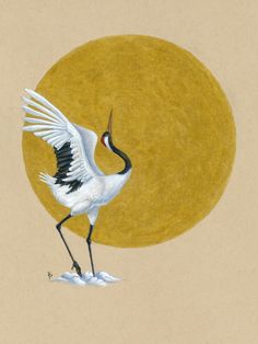 a painting of a crane standing in front of the sun with it's wings spread