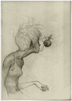 a drawing of a woman with an apple in her hand, blowing on the wind