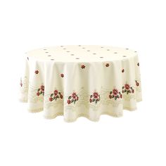 a white table cloth with red flowers and dots on the top, sitting in front of a white background