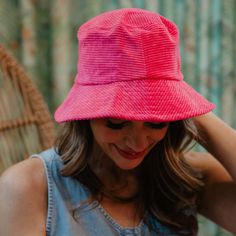 The bucket hat for you. Searching for the perfect topping to your hot pink ensemble? Check out our new hot pink corduroy bucket hat! This hat is solid colored to go with any outfit, and it's part of our spring/summer collection. one size fits most 100% polyester machine wash delicate or hand wash Cute Bucket Hats, Corduroy Bucket Hat, Trendy Fashion Accessories, Pink Corduroy, Blue Throw Pillows, Spring Summer Collection, Uv Rays, Summer Collection, Pink Color