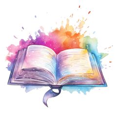 an open book with watercolor splashs on it