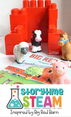 the storytime steam book with toy farm animals and legos in front of it