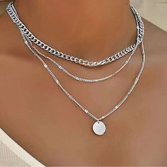 Brand New And Absolutely Beautiful Length:13.8-15.7 Inch Sterling Silver Silver Necklace Inspiration, Silver Jewelry Layering, Jewelry Silver Necklaces, Silver Jewelry Chunky, Layered Jewelry Silver, Silver Necklace Stack, Silver Layer Necklace, Silver Layering Necklaces, Silver Layered Necklaces