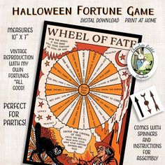 the wheel of fate halloween fortune game is shown in orange and black, with an image of