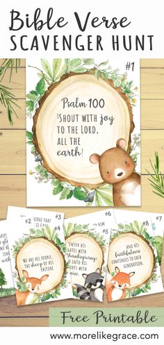 printable bible verse scavenger hunt with woodland animals and leaves on wood background