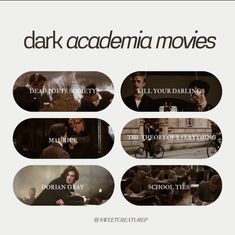 the movie poster for dark academy movies, which features several scenes from different films and characters