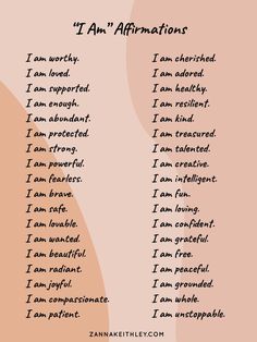 the words i am affirmations are written in black ink on a pink background