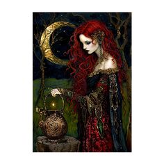 a painting of a woman with red hair holding a lantern in front of a moon