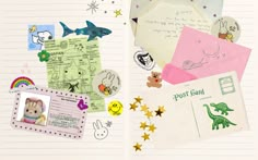 an open notebook with various stickers and pictures on the pages next to each other