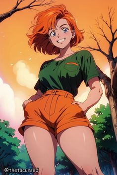 an orange haired woman standing in front of trees with her hands on her hips and looking at the camera