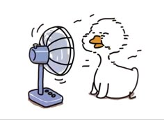 a cartoon duck sitting in front of a fan with its head on it's side