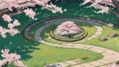 a painting of a park with trees and flowers on the ground, surrounded by stone walkways