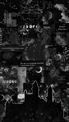 black and white collage with stars, clouds, and the moon in the sky