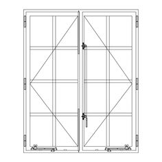 the front and side view of a double door with two sections on each side, one section