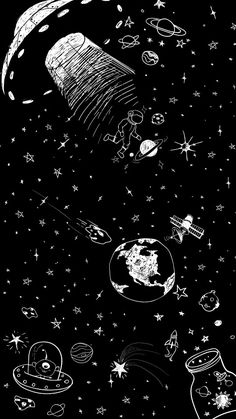 black and white drawing of outer space with stars, planets and rockets in the sky