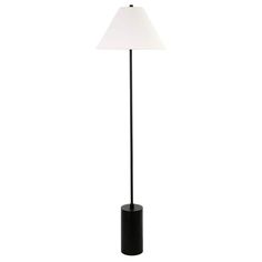 a black floor lamp with a white shade on it's top and bottom part