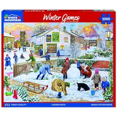 a puzzle box with people playing in the snow