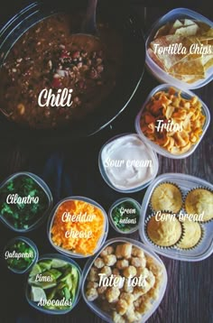 an image of different types of food in plastic containers on a table with the words chili written above it