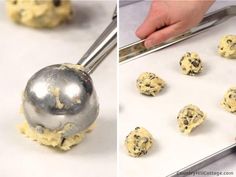 two pictures side by side showing dough being made and then scooped with a spatula