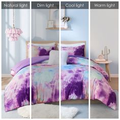 three different views of a bed with purple and blue comforters