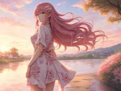 a girl with long pink hair is standing on the edge of a body of water