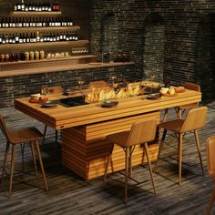 a wooden table with four chairs around it and bottles on the wall in the background