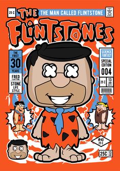 the flintstones magazine cover with an image of a cartoon character in orange and black