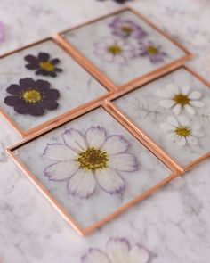 four pressed flower pictures in copper frames on a marble countertop with purple and white flowers