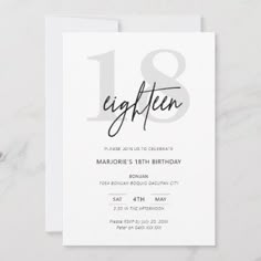 an elegant 18th birthday party card with the number eighteen on it's front and back