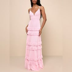 Simple Yet Stunning, There Are So Many Elements Of The Lulus Lavish Perfection Light Pink Ruffled Tiered Maxi Dress That You'll Love! This Lovely Dress Is Composed Of Lightweight Woven Chiffon That Shapes A Lightly Gathered Bodice, A Flirty V-Neckline, And Adjustable Spaghetti Straps. The High, Pleated Banded Waist Tops An Elegant A-Line Maxi Skirt Adorned With Tiers Of Ruffled Detailing Throughout For An Ultra-Femme Finish. Hidden Back Zipper/Clasp. Tag In Back Of Dress Is Cut Nwot Light Pink Maxi Dress, Light Pink Bridesmaids, Light Pink Bridesmaid Dresses, Prom 2024, Maid Of Honour Dresses, Pink Bridesmaid Dresses, Prom Dress Inspiration, Cute Prom Dresses, Bridal Party Dresses