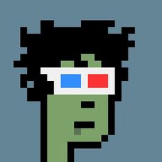 an image of the face of a man with glasses on his head, pixelated in red and blue