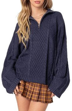 EDIKTED Oversize Cable Stitch Quarter Zip Sweater | Nordstrom Navy Half Zip Outfit, Sweater Quarter Zip, Quarter Zip Sweater Outfit, Half Zip Outfit, Oversized Blue Sweater, Zip Sweater Outfit, Sweater Nordstrom, Oversized Turtleneck, Cable Stitch