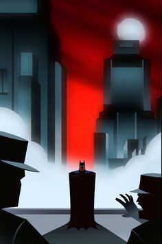 a batman movie poster with the city in the background and red light coming from behind