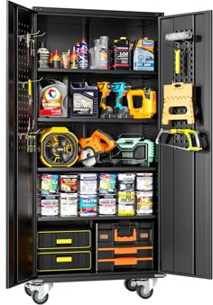 an open storage cabinet with tools and other items