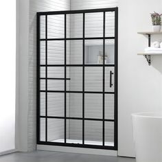 a bathroom with a glass shower door next to a white toilet and wall mounted shelves