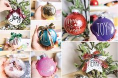 twelve christmas ornaments with different sayings on them, including one for joy and the other for joy