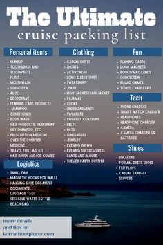 the ultimate cruise packing list is shown in blue and white, with an image of a boat