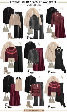 Looking for dressy christmas holiday outfits for women? See all 12+ festive winter outfits for women that you can wear to work, the office party, Christmas office with a burgundy satin skirt, gold metallic twin set, leather pants and a black mini dress. Get dressed for holiday style at dressingyourstyle.com Festive Winter Outfits, Holiday Outfits For Women, Christmas Holiday Outfits, Winter Outfits For Women