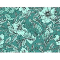 a blue and green floral wallpaper with large white flowers on the left hand side