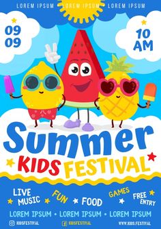 the summer kids'festival flyer with two cartoon characters in sunglasses and pineapples