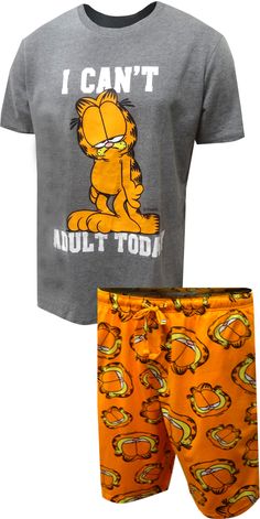 Don't you wish you could curl up and take a nap? Garfield has the right idea- no adulting today! These pajamas for men feature everyone's favorite cat. The gray tee shirt is paired with printed sleep jams, which are about knee length. Pajama bottoms have a drawstring tie with an elastic waist and two pockets. Funny Pajamas Men, Weird Pajamas, Casual T-shirt With Letter Print For Pajama Party, Garfield Pajamas, Garfield Outfit, Woodstock Christmas, Christmas Boxers, Garfield Images, Pajamas For Men