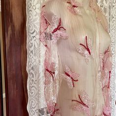 Beautiful Silk Sheer Pink And White Butterfly Lace Scarf With A Sheer Lining And Fringe Elegant Additions #Cottage#Coquette#Butterfly#Silk Coquette Butterfly, Pink And White Butterfly, Cottage Coquette, Handmade Pink Silk Scarf, Elegant Handmade Pink Silk Scarf, Pink Feminine Floral Print Scarves, Butterfly Lace, Bohemian Pink Floral Print Silk Scarf, Artistic Pink Silk Scarf