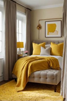 a bedroom with yellow and white bedding