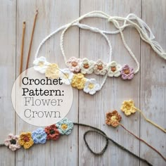 crochet pattern flower crown on wooden background