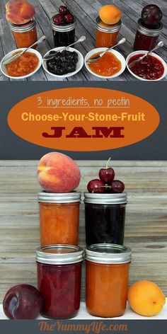 jars filled with jam and fruit sitting on top of a wooden table