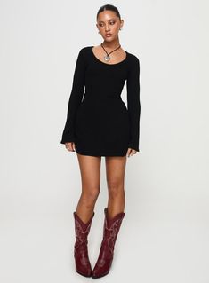 Best Interest Long Sleeve Mini Dress Black Mini Black Long Sleeve Dress, Black Long Sleeve Dress With Boots, Fall Date Night Dress, Long Dress Boots Outfit, Black Long Sleeve Fit And Flare Mini Dress, Fall Dresses 2024, Black Winter Formal Dresses, Thanksgiving Dresses For Women, Cocktail Night Outfit